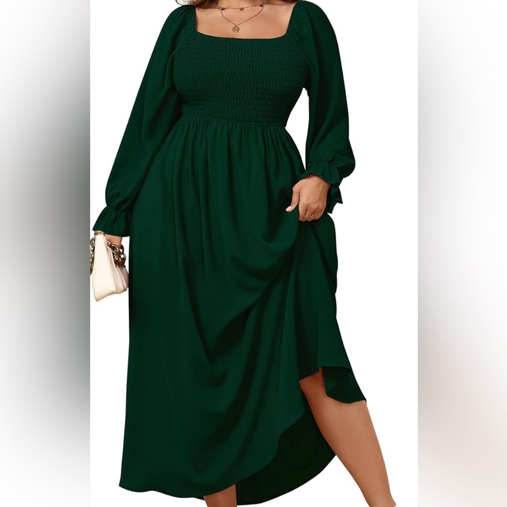 Shestarr Emerald Green Long Sleeved Square Neck Smocked Maxi Dress 1x NWOT